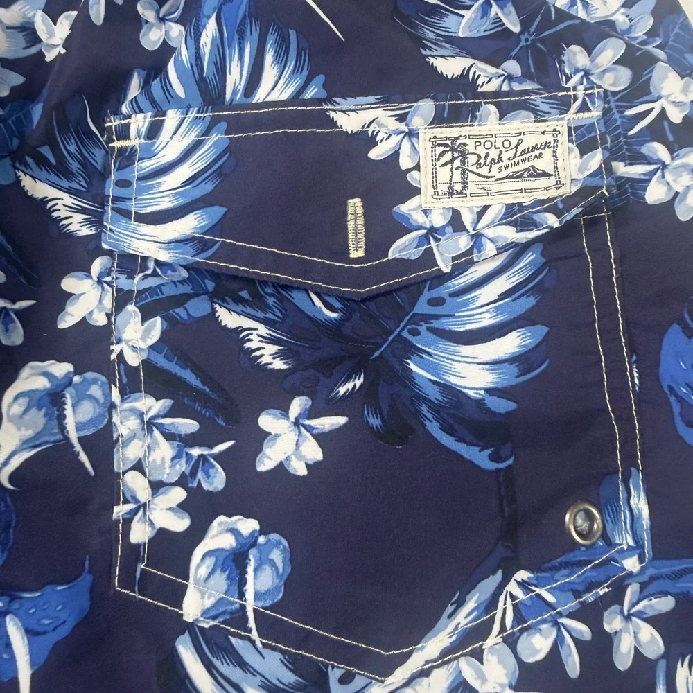 Polo Ralph Lauren Swim Trunks Mens Large Navy Blue Tropical Floral Drawstring‎
